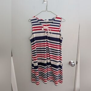 About A Girl Large Striped Sleeveless Dress with Tie Neck Soft Spring Vacation